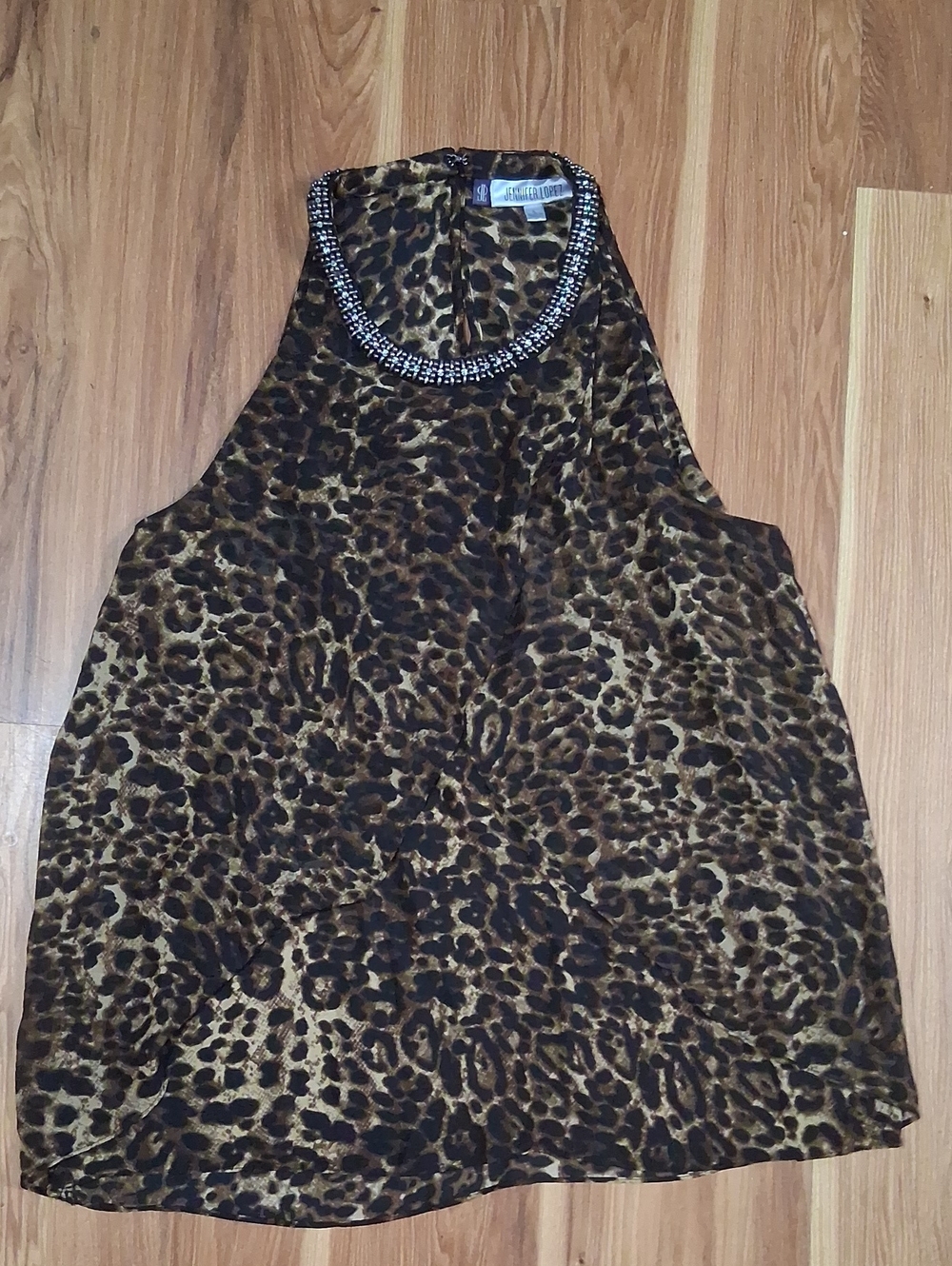 Leopard Print Sleeveless Top with Embellished Neckline - Brown